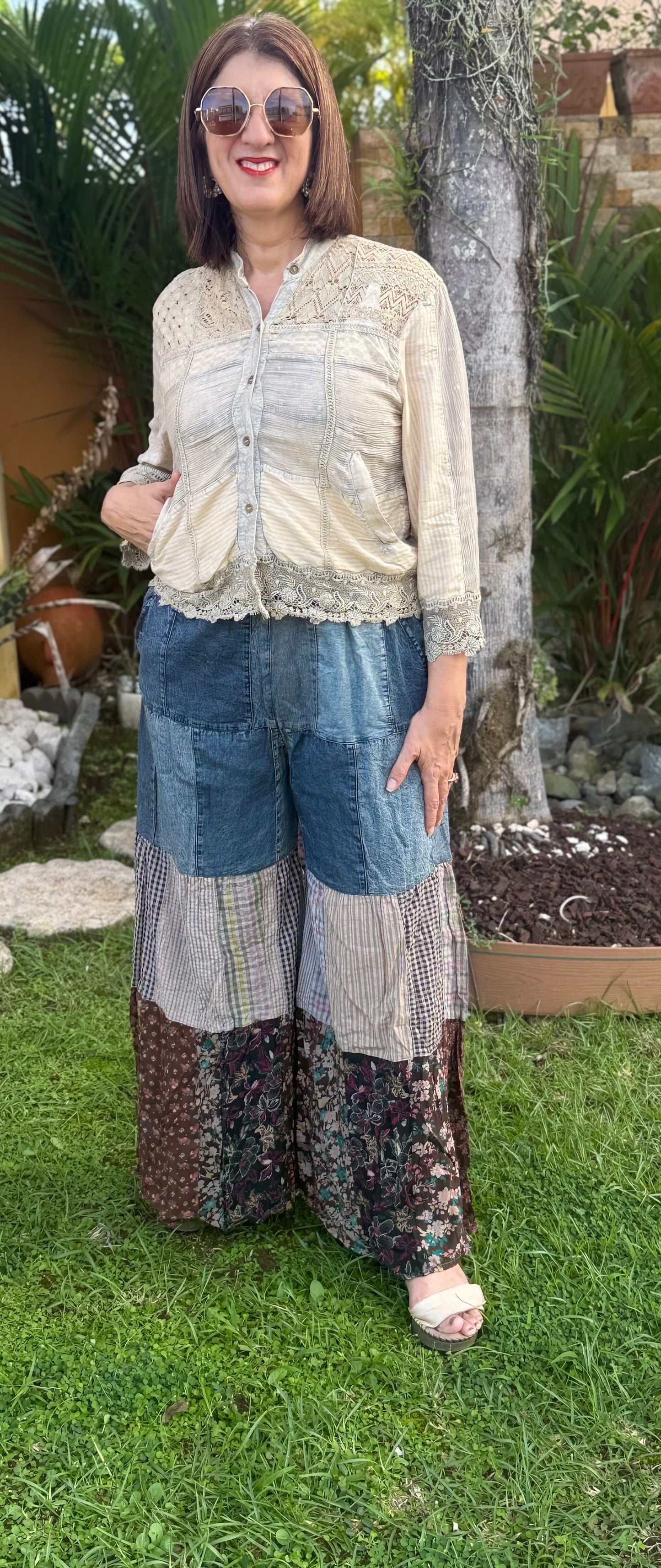 Boho Chic Tiered Patch Inserted Denim Pants