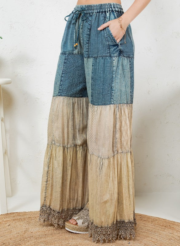 Pantalón Boho Patchwork con Encaje y Denim