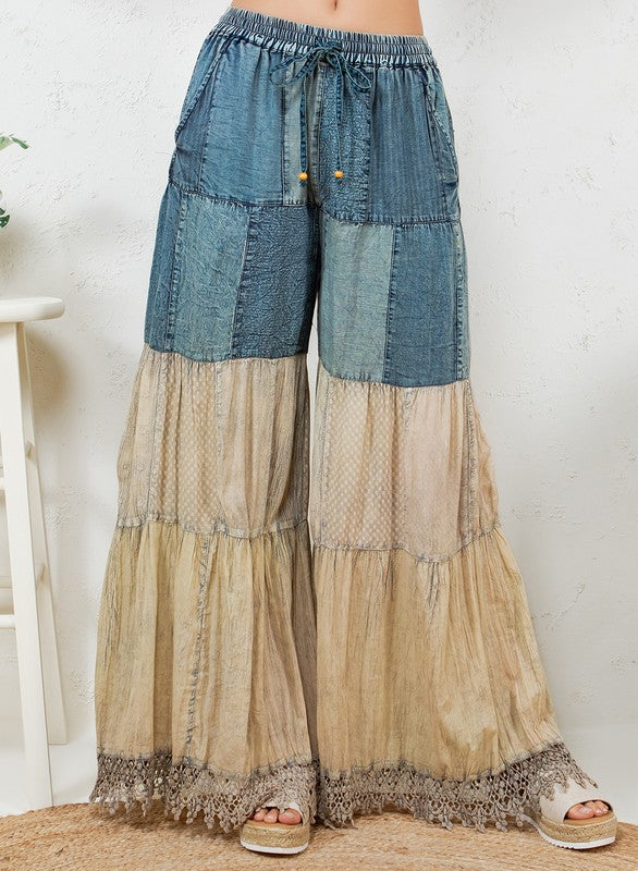 Pantalón Boho Patchwork con Encaje y Denim
