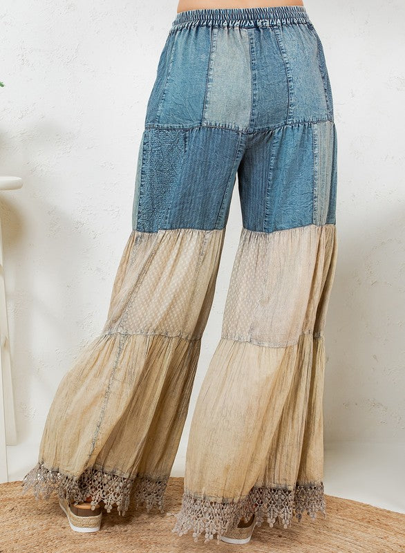 Pantalón Boho Patchwork con Encaje y Denim