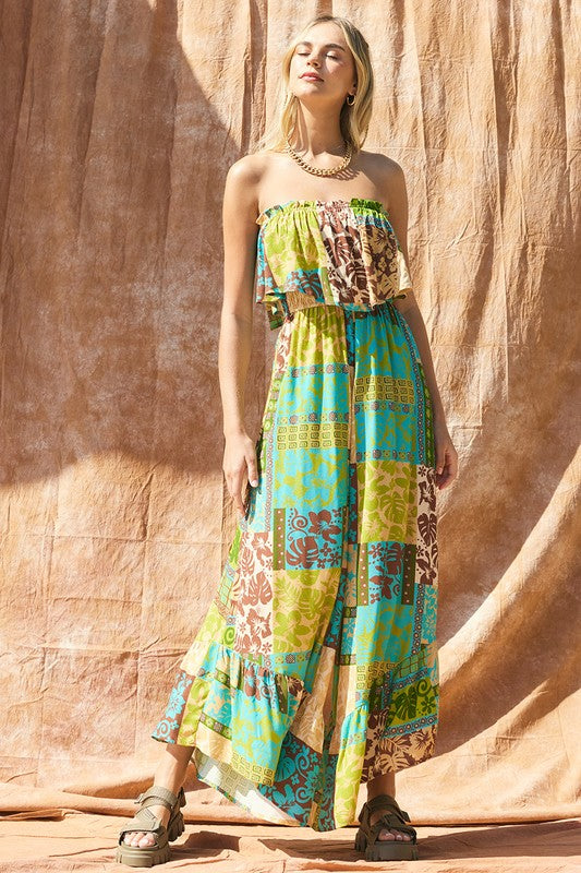 Printed Wide Leg Tube Jumpsuit