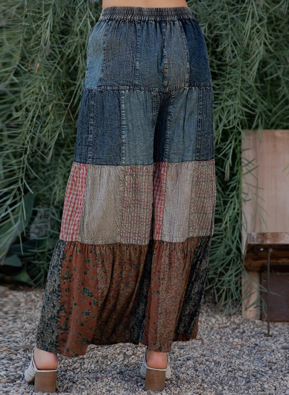 Boho Chic Tiered Patch Inserted Denim Pants
