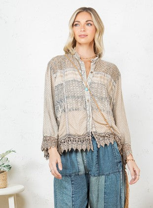 Chic Lace Patch Shacket With White Shell Buttons