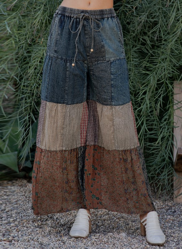 Boho Chic Tiered Patch Inserted Denim Pants