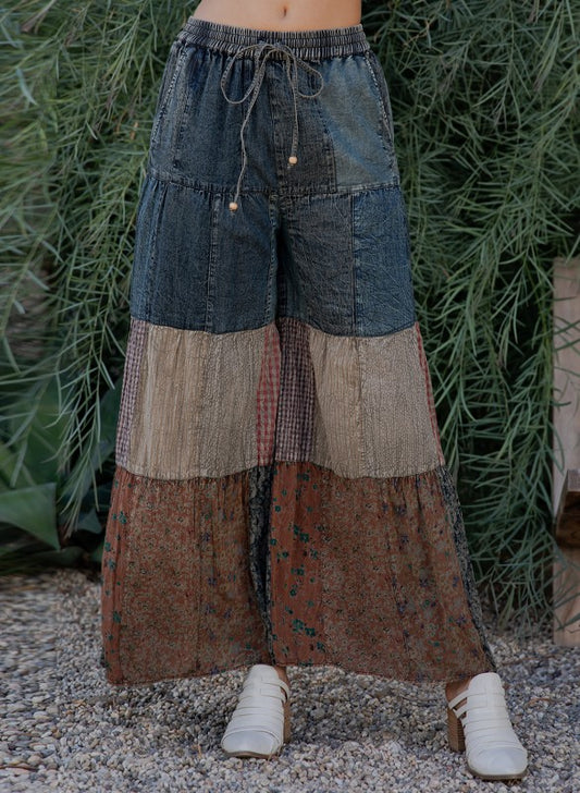 Boho Chic Tiered Patch Inserted Denim Pants