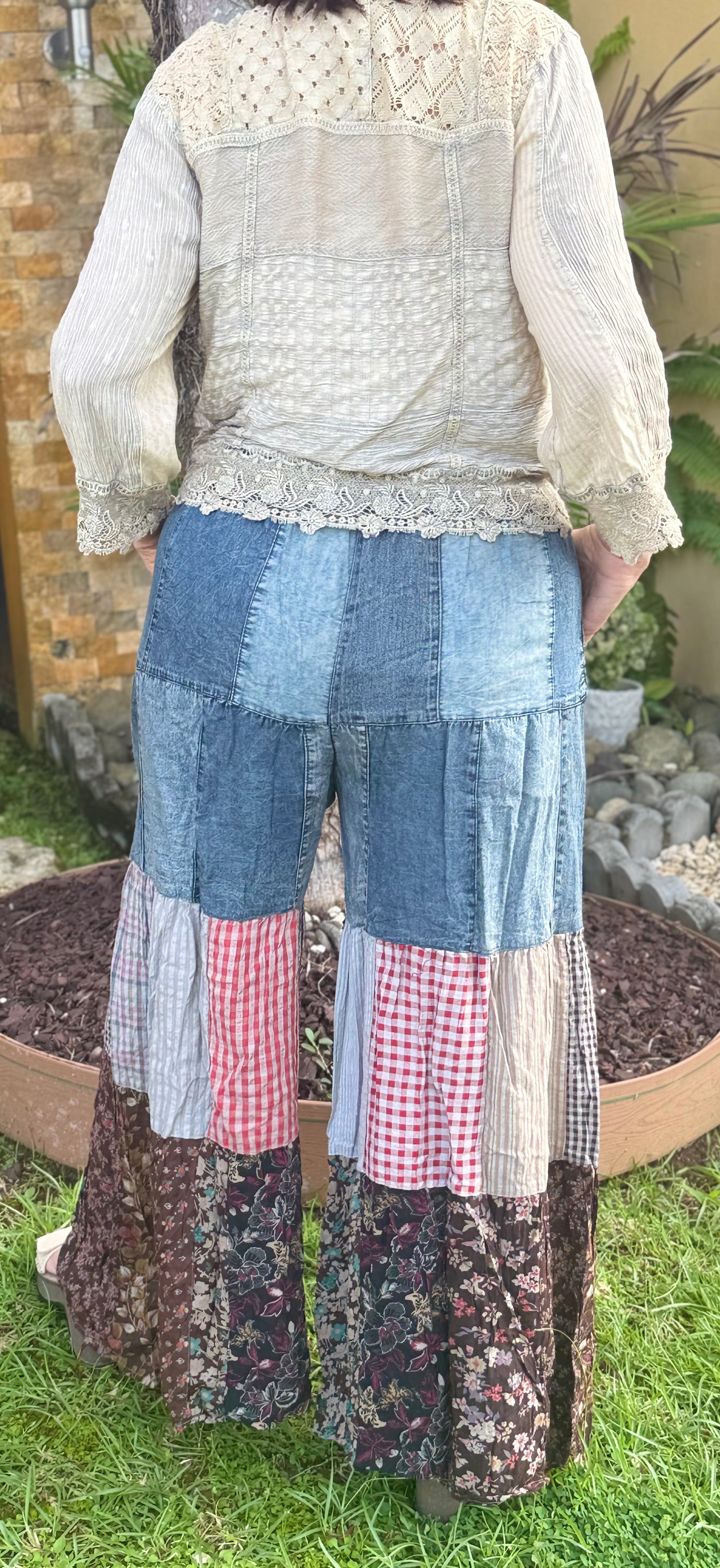 Boho Chic Tiered Patch Inserted Denim Pants