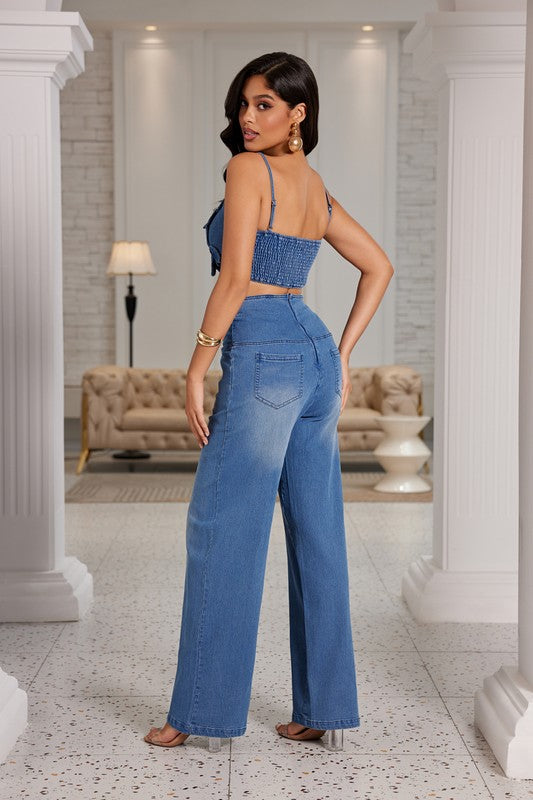 Solid Color Denim Mathing Pants Set