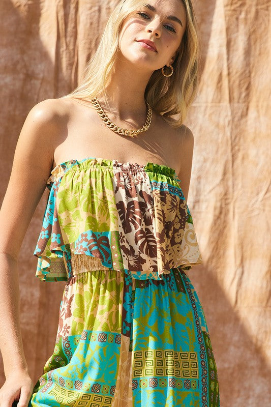 Printed Wide Leg Tube Jumpsuit