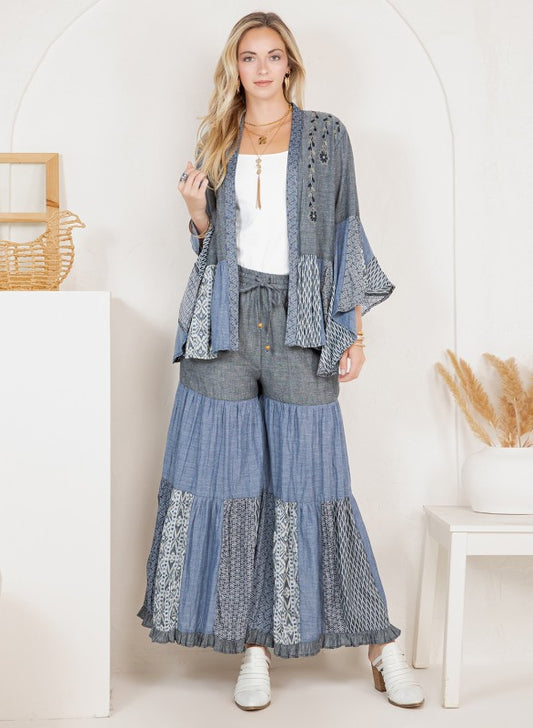 Boho Glam Set Emb Kimono & Printed Knit Pants