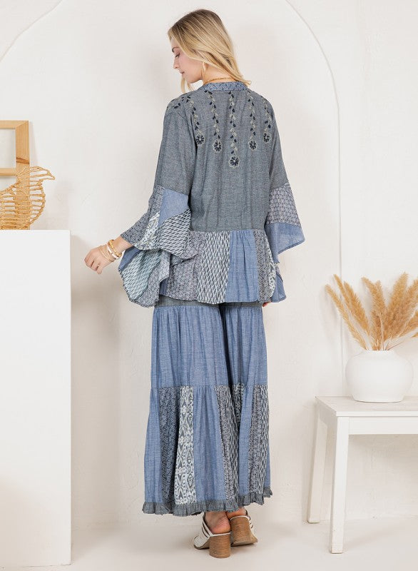 Boho Glam Set Emb Kimono & Printed Knit Pants