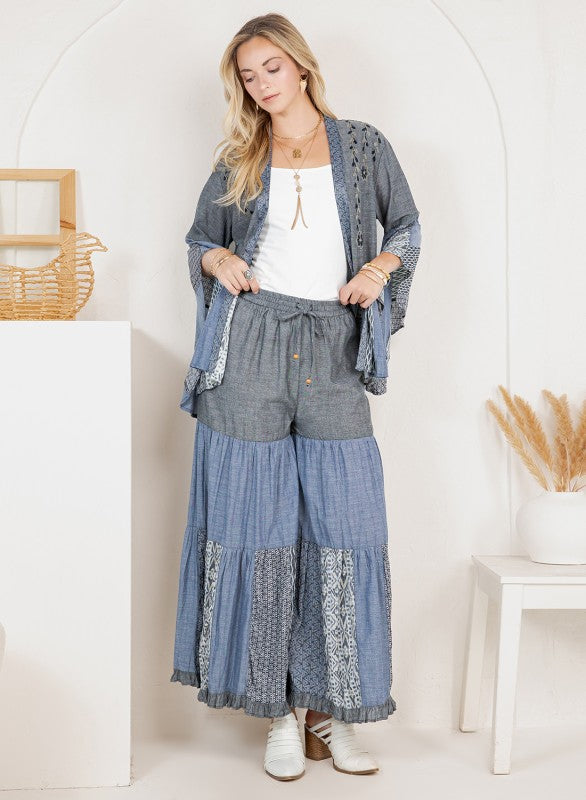Boho Glam Set Emb Kimono & Printed Knit Pants