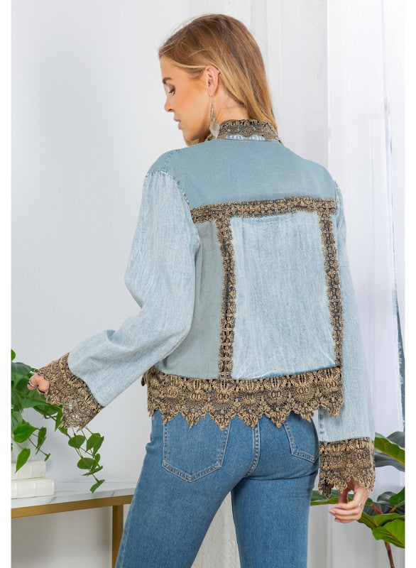 Ice-washed Denim Jacket With Gravel Lace