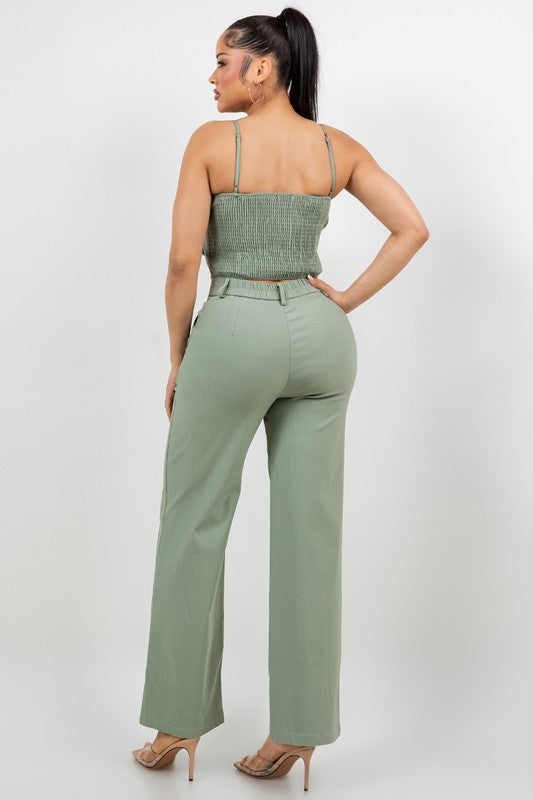Two-pieces Flower Pants Set Sage Green