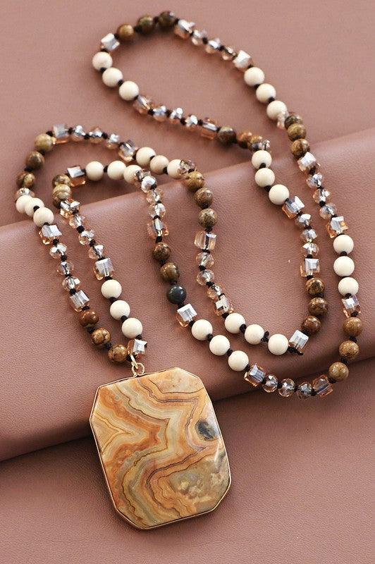 Natural Stone Bead Necklace With Stone Pendant
