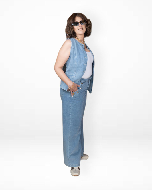 Set Denim Claro con Chaleco y Pantalón Palazzo