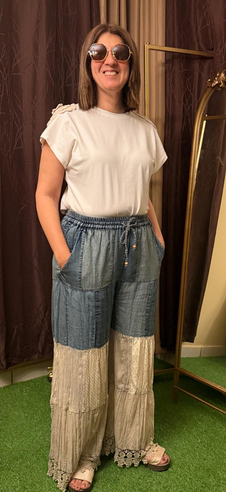 Pantalón Boho Patchwork con Encaje y Denim