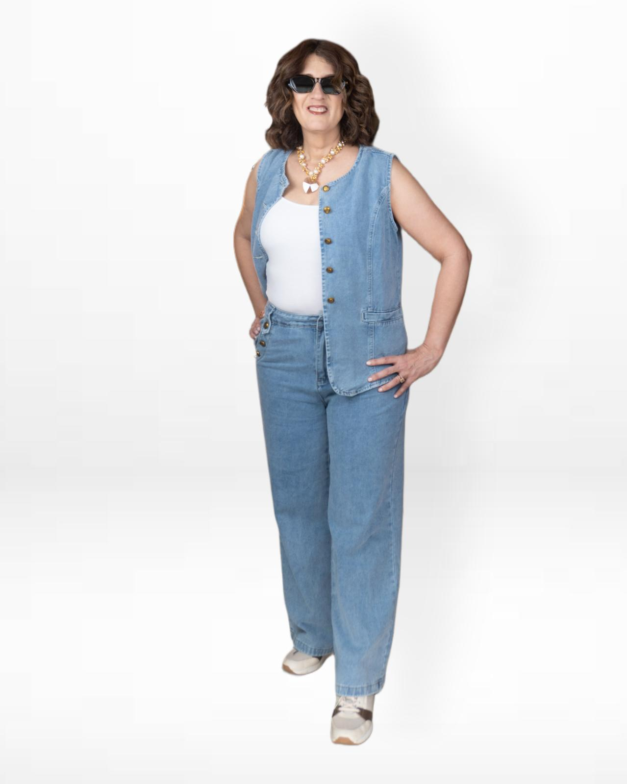Set Denim Claro con Chaleco y Pantalón Palazzo