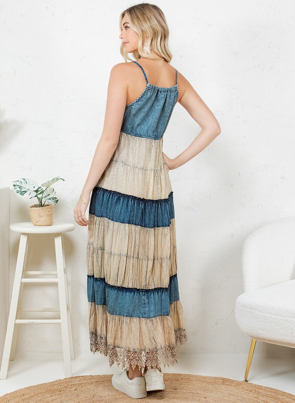 Boho Denim Halter Neck Tiered Dress