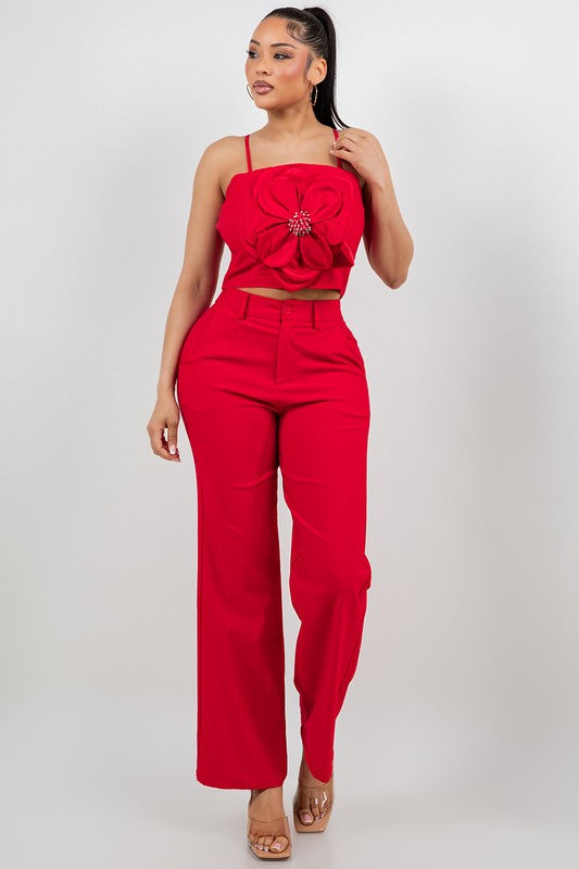 Two-pieces Flower Pants Set Red