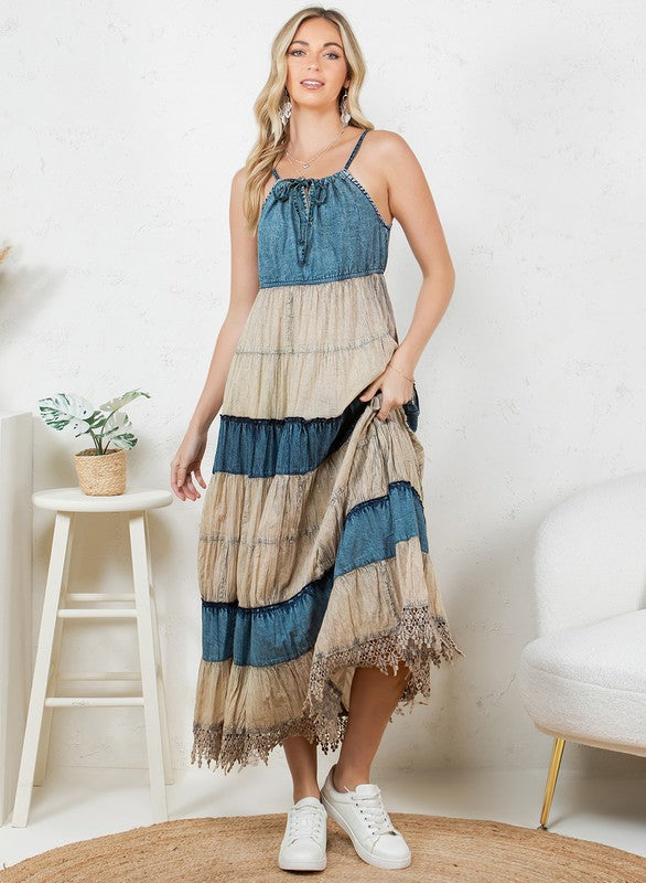 Boho Denim Halter Neck Tiered Dress