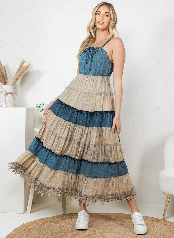 Boho Denim Halter Neck Tiered Dress