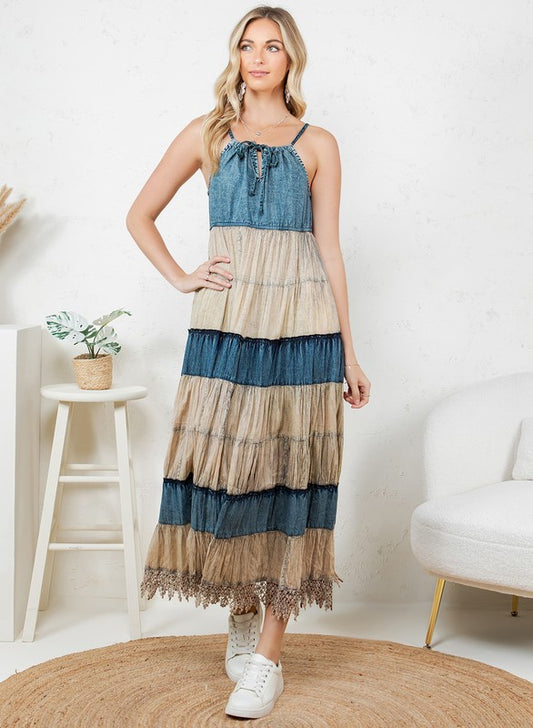 Boho Denim Halter Neck Tiered Dress