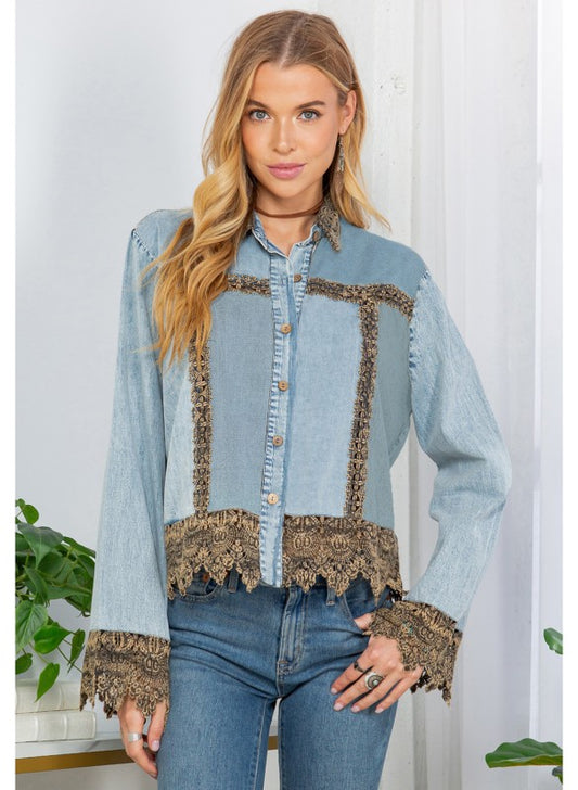 Ice-washed Denim Jacket With Gravel Lace
