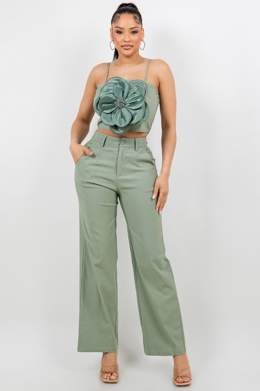 Two-pieces Flower Pants Set Sage Green
