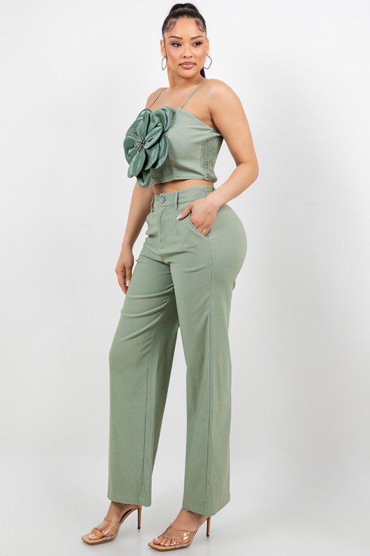 Two-pieces Flower Pants Set Sage Green